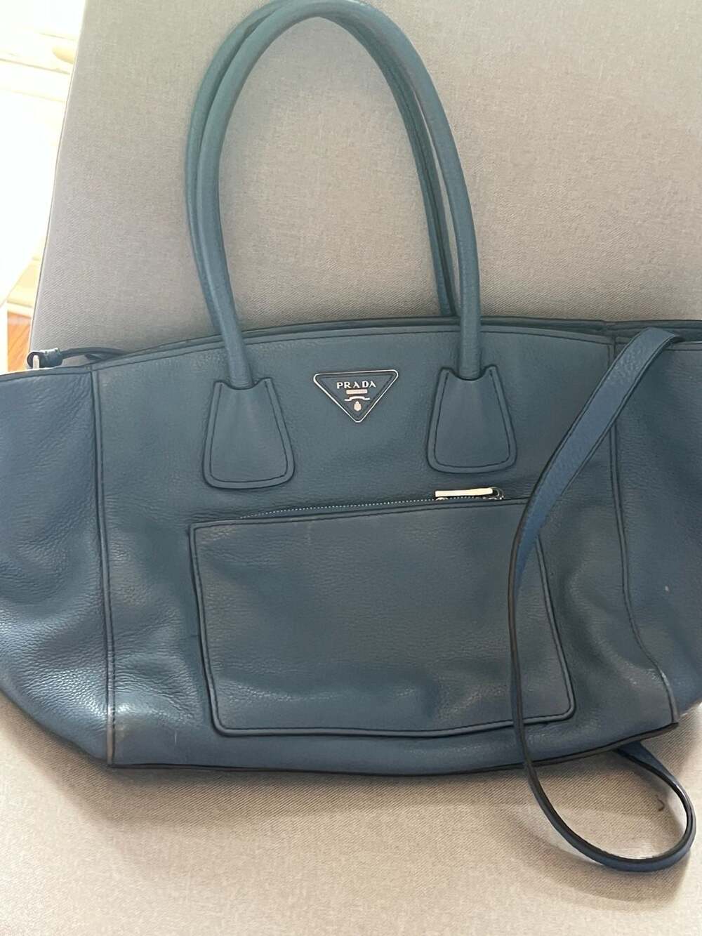 Prada Vitello Daino Front Pocket Wing Convertible Tote Bag in Blue (BN2795) - ,